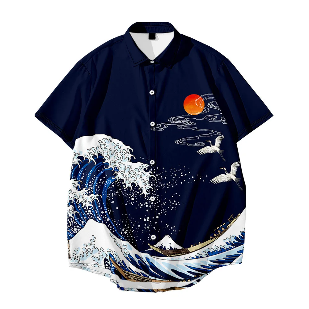 Men's shirt Y2k hombre Kanagawa carp pattern 3D digital print short shirt men's street Hawaii retro shirt men's shirt