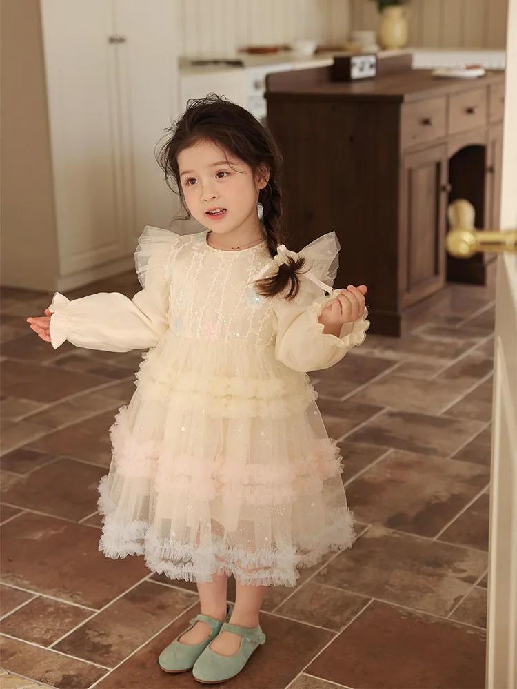 Girls Spring and Autumn New Long Sleeve Birthday Dress Fashionable Gradient Cake Mesh Princess Dress