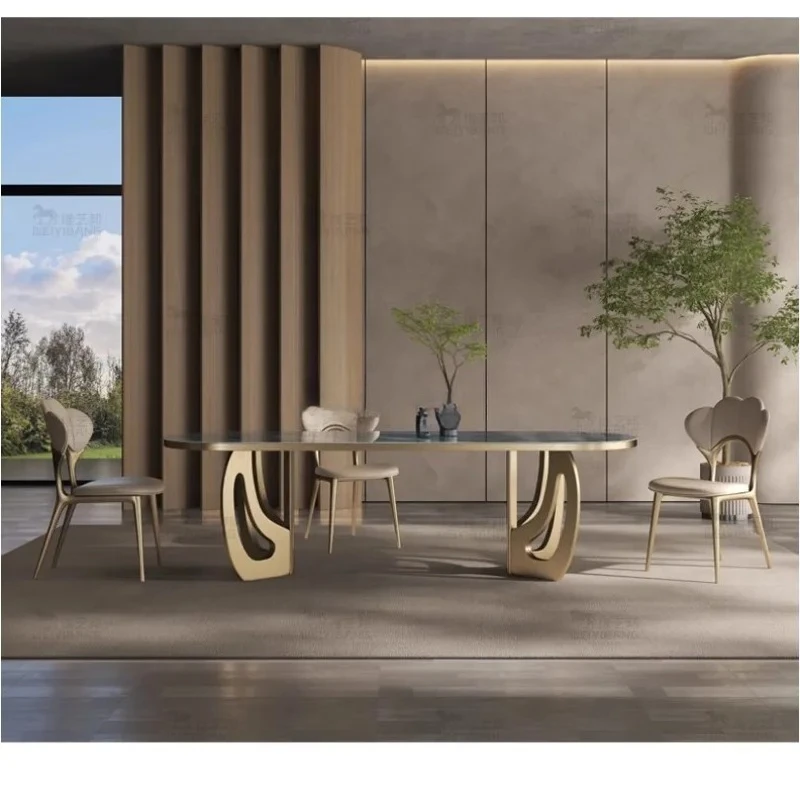 High-end villa rectangular luxury stone dining table rock slab marble pattern household dining table