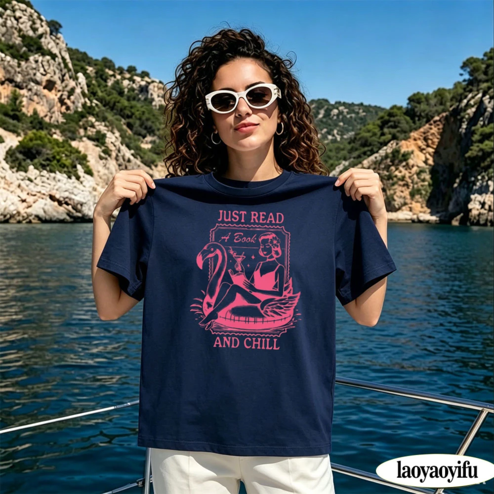 Just Read A Book and Chill Flamingo Pool Reading Graphic T Shirt Crew Neck Short Sleeve Beach Bookworm Vacation Tees