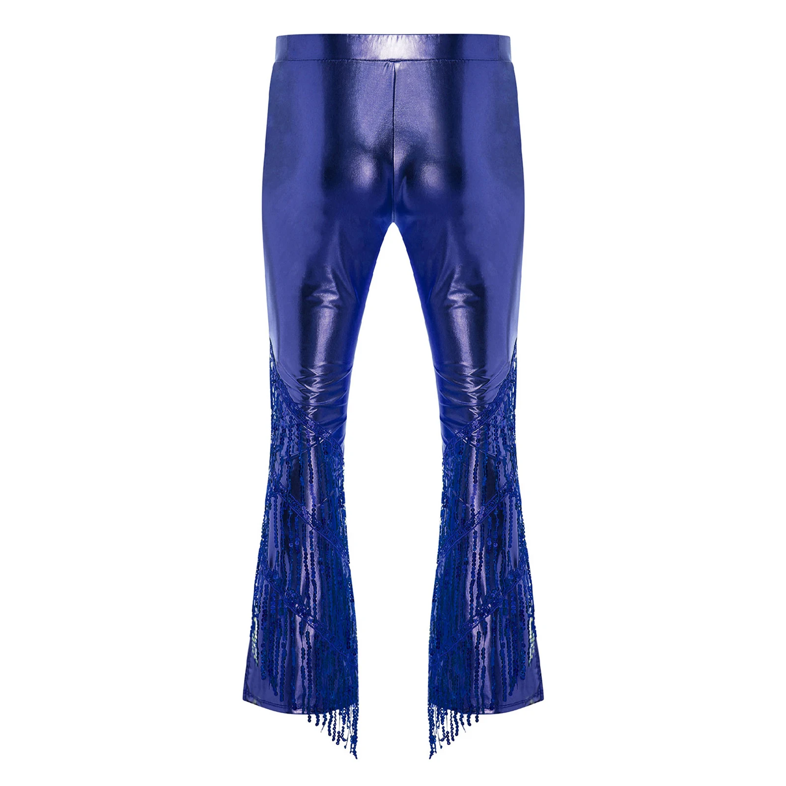 Mens 70s Disco Metallic Shiny Long Pants Slit Bell Bottom Tiered Sequined Tassel Dance Trousers for Raves Jazz Music Festival