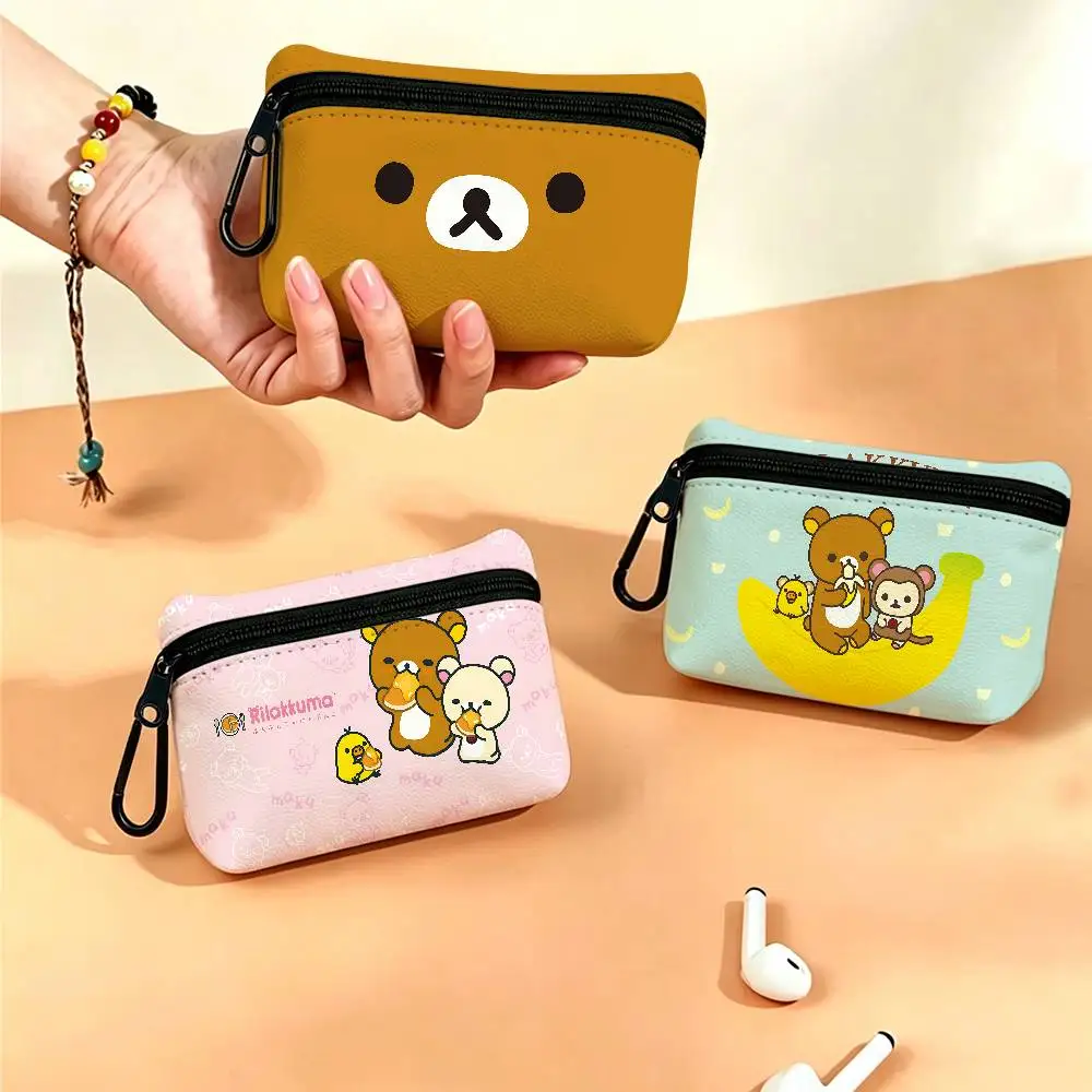 Cartoon Rilakkuma Cute Kawaii Mini Hanging Oxford Cloth Coin Bag Durable Zipper Key Card Pouch With Carabiner