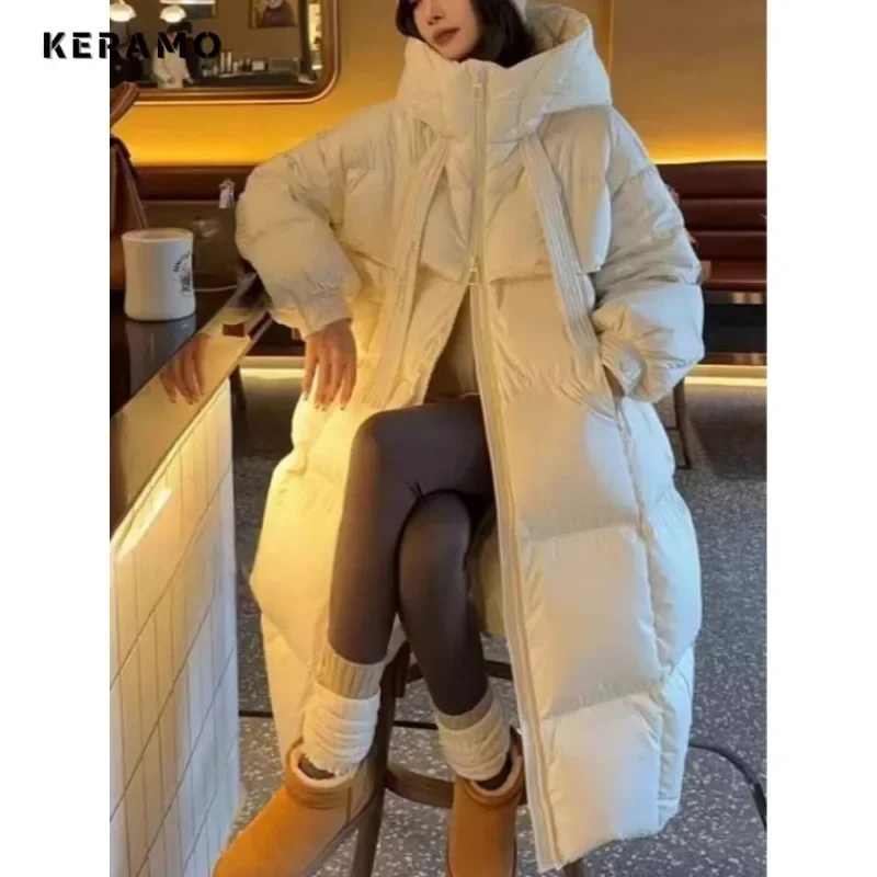 Casual Chic Solid Color Long Sleeve Outerwear Women\'s Hood Maxi X-Long Parkas Jacket 2024 Winter Oversized Warm Zipper Coat