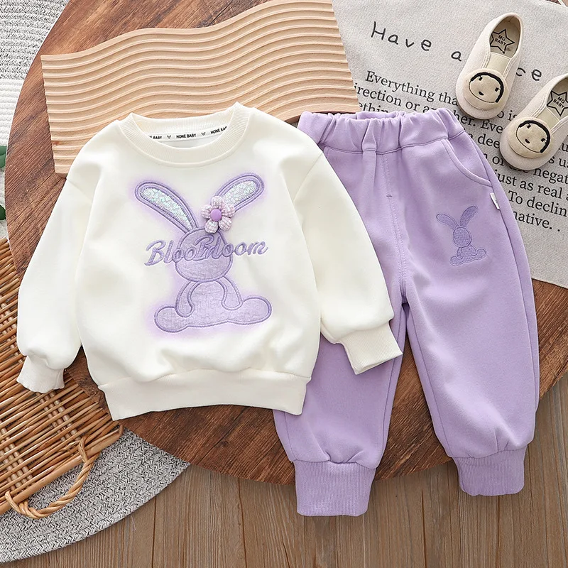 Baby girl spring clothes2024Spring and Autumn New Children\'s Cartoon Rabbit Long-Sleeved Sweater Two-Piece Set1-5Small Children\'