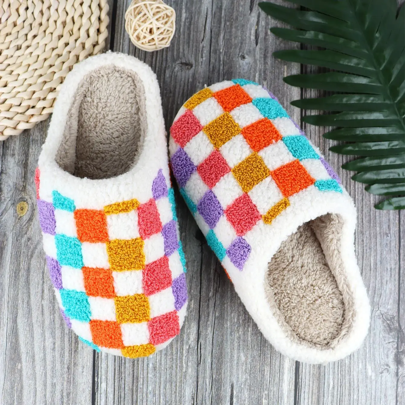 Checkered Slippers Home Women Plush Footwear Newest Designer Winter Warm Slides Casual Indoor House Fulffy Fur Slides Shoes