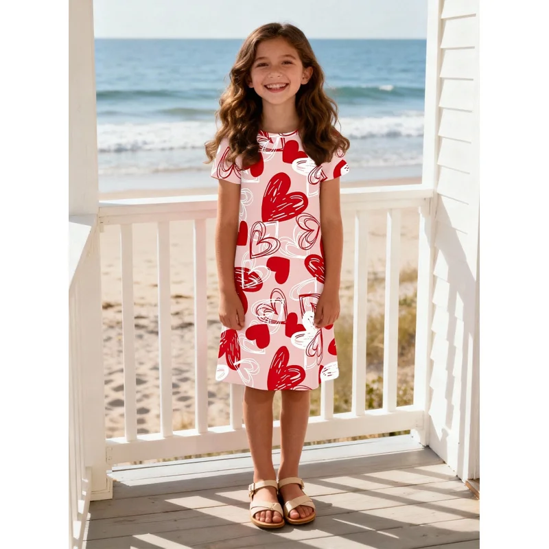 ชุดเดรสแขนสั้นลายหัวใจสีชมพูสำหรับเด็กผู้หญิง ปี 2026 กระโปรงลำลองความยาวปานกลางสำหรับเด็ก ลายหัวใจหวาน