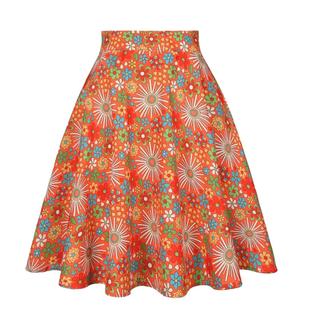 SISHION Floral Printed Orange Skirts for Women VD0020 Fashion High Waist Flowers Vintage A Line Party Halloween Skirts