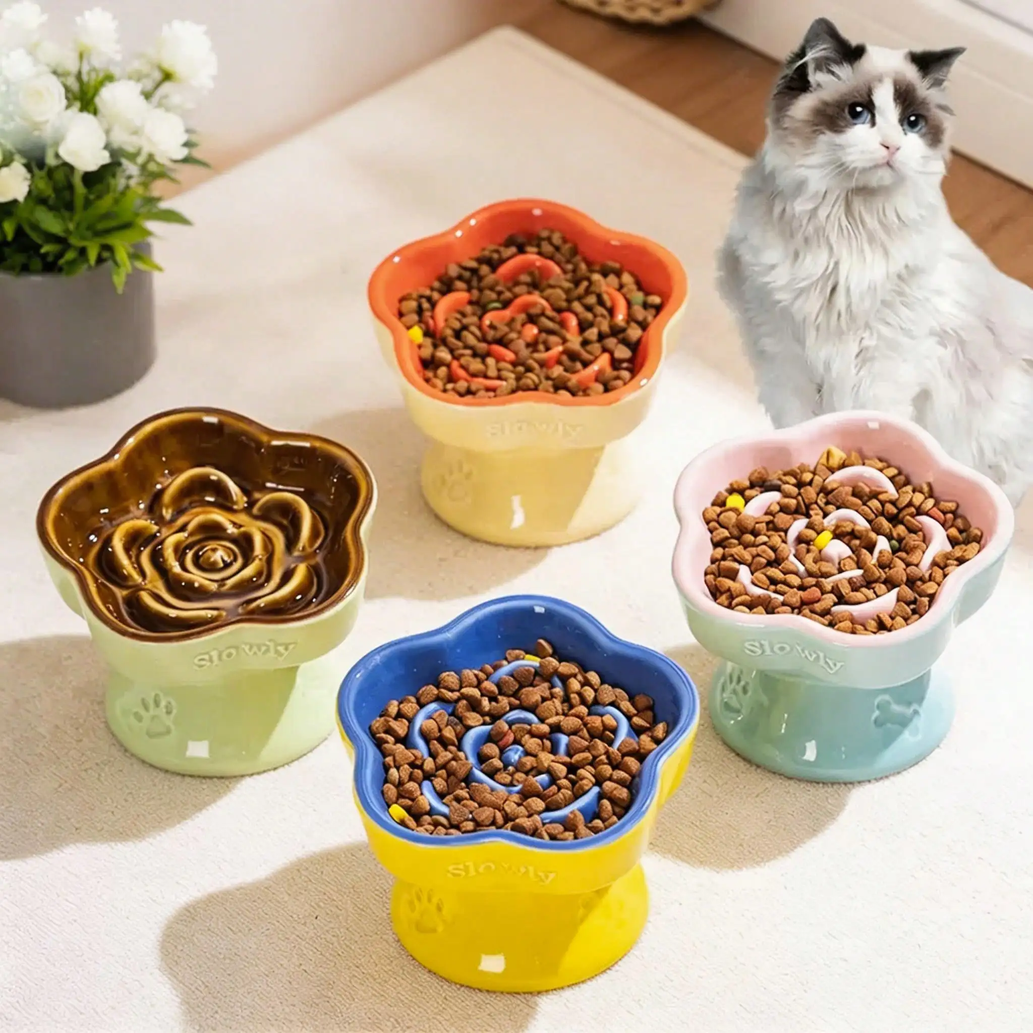 

Pet Slow Feeding Bowl, Ceramic Raised Cat/Dog Bowl, Anti-Choking, Anti-Spill, Neck Protection, With Slanted Opening, For Small Dogs And Cats
