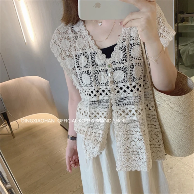 Womens Crochet Top Flying Sleeve Button Front  Hollow-out Open-work Cardigan Summer Boho Beach Vacation Wear