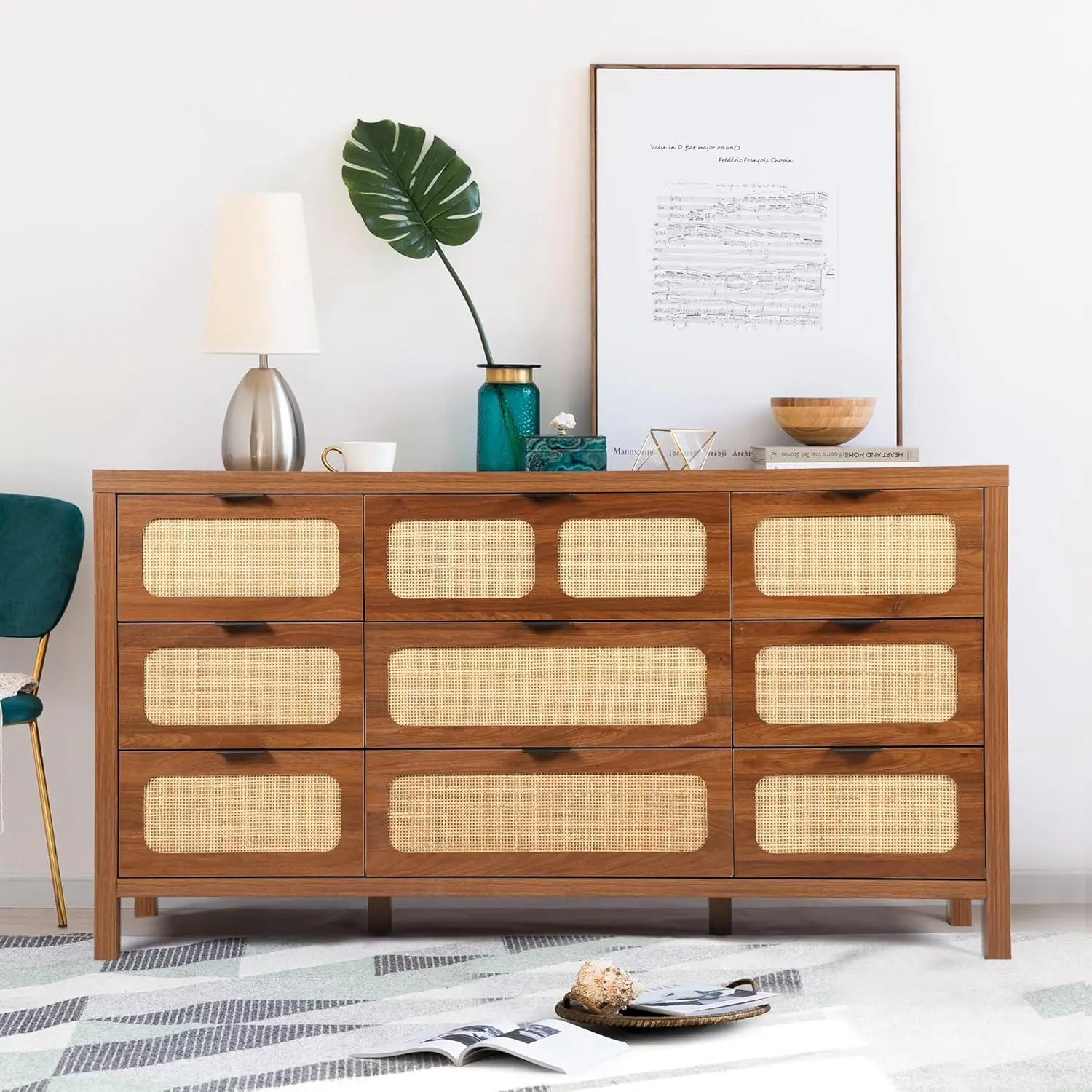 9 Drawer Dresser with Rattan Finish Modern Farmhouse Chest of Drawers with Metal Handles Accent Wood Storage Cabinet for Bedroom