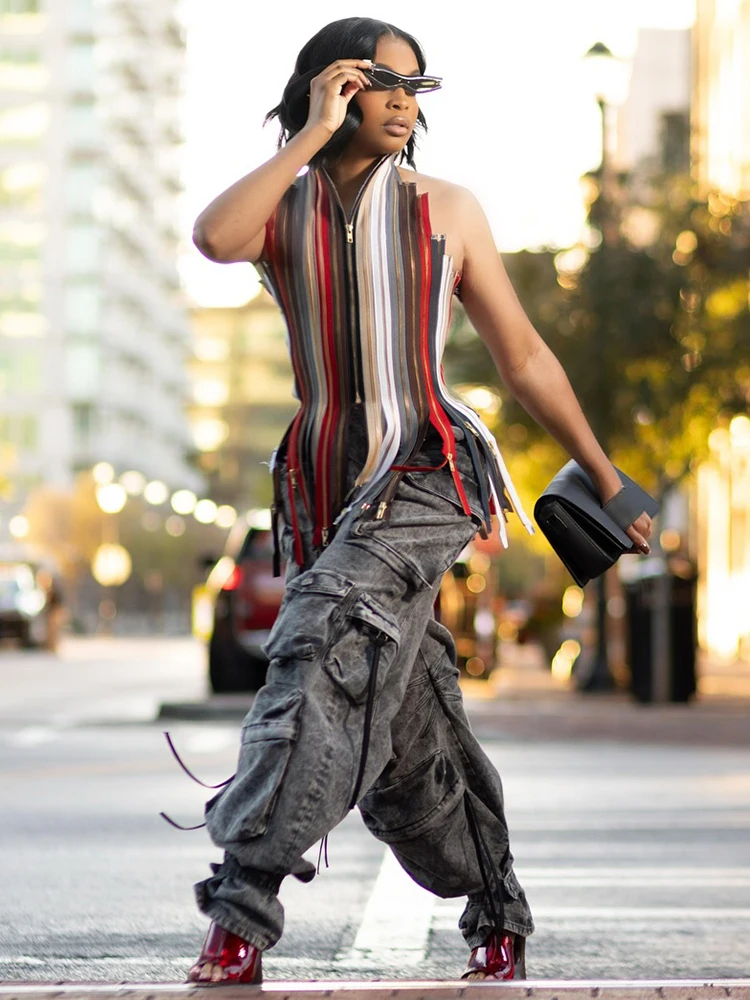 

Sisterlinda Shirring Pull The Chain Tank Top Women Y2K Patchwork Backless Colorful Print Sexy Wild Street Midnight Zip Club Vest