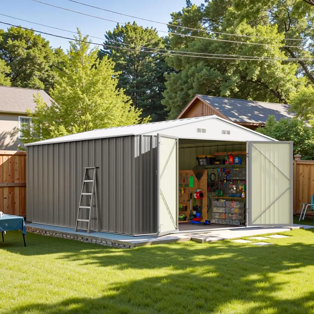 

10 x 12 T Metal Storage Shed or Outdoor, Steel Yard Shed with Design o Lockable Do, Utility and Tool Storage or Garden, Backyard