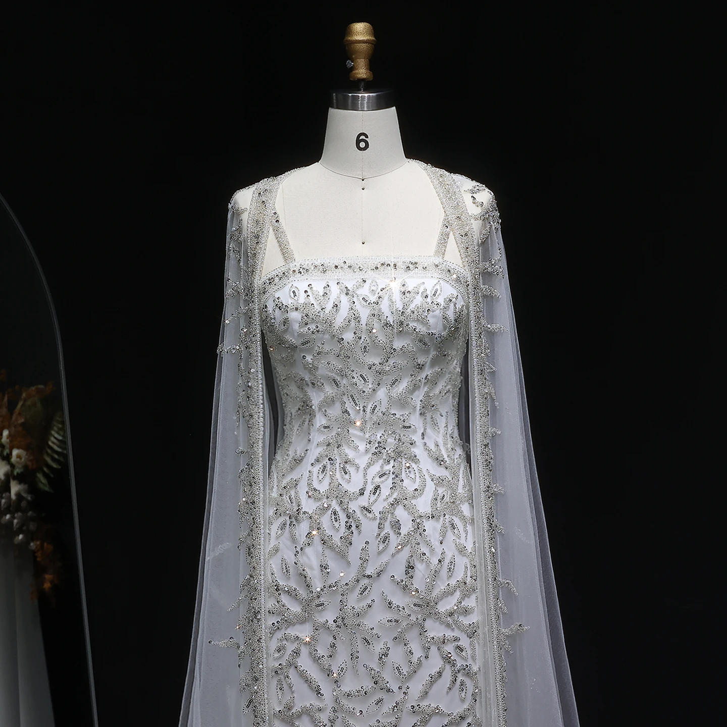 Sharon Said Luxuriöses Rosa Meerjungfrauen-Abendkleid mit Cape-Ärmeln in Weiß für Damen, Hochzeit, Party, Ballkleider, Arabisch SS393, Maßanfertigung – Detail 9