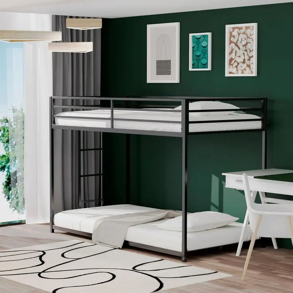 

Двухъярусная кровать Lasse Twin Over Twin Size, угловой каркас кровати с металлической защитной лестницей, низкопрофильная двухъярусная кровать с лестницей и защитными перилами, N