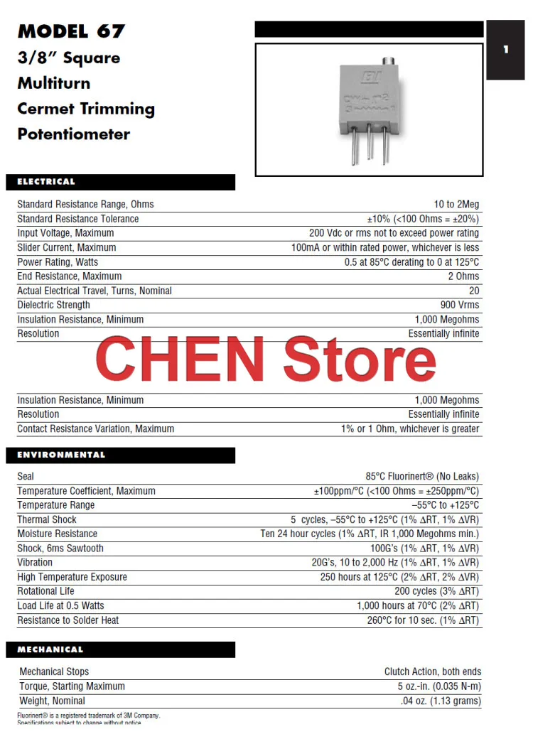 2pcs Mexico BI 67WR 100R 200R 500R 1K 2K 5K 10K 20K 50K 100K 10R 20R 1M 2M 5M 50R precision trimming multi-turn potentiometer