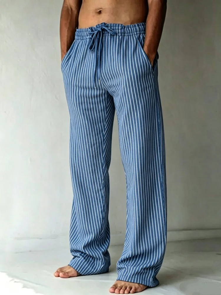 Mens Blue White Vertical Thin Stripe Print Drawstring Waist Straight Floor Length Loose Casual Sweatpants
