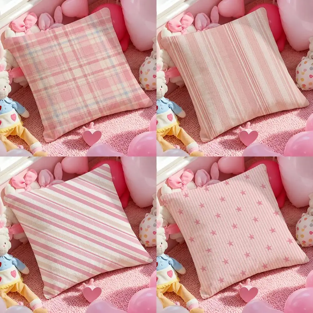 Art Pink Stripes Cushion Cover Pink Linen Texture Cushion Cover Double Sided Invisible Zipper Deco