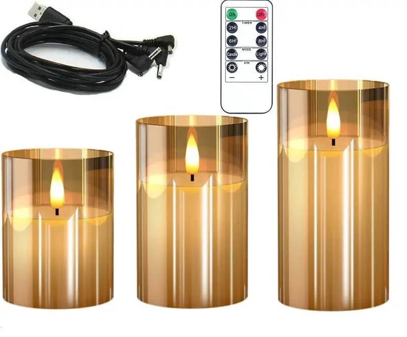 Set of 3 Rechargeable Electric Flameless Pillar Candle set Remote controlled w/Timer LED Flickering 3D Wick paraffin