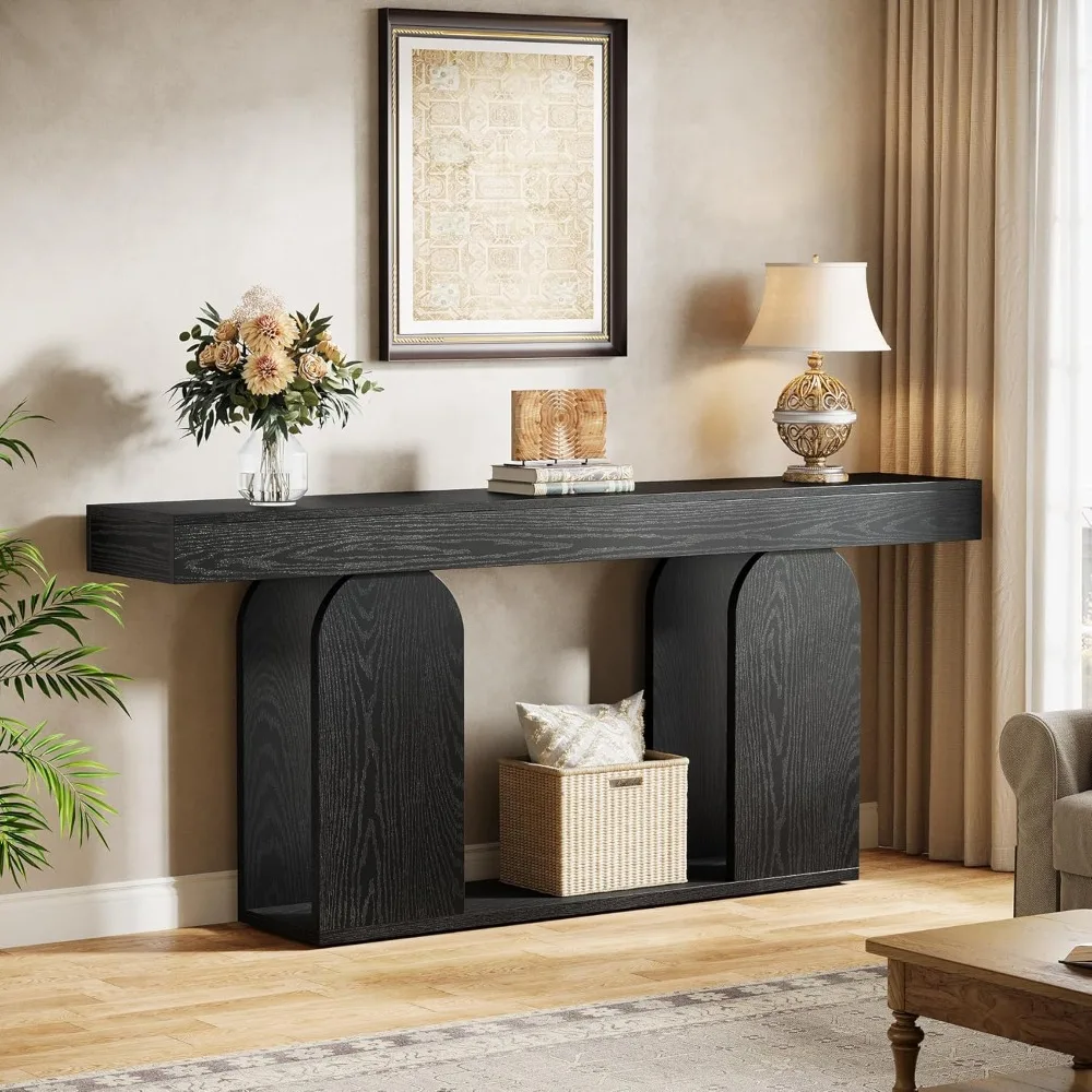 طاولة أريكة طويلة جدًا مقاس 70.9 بوصة، وطاولات كونسول بإطار خشبي ورف تخزين، وطاولة خشبية من طبقتين خلفي