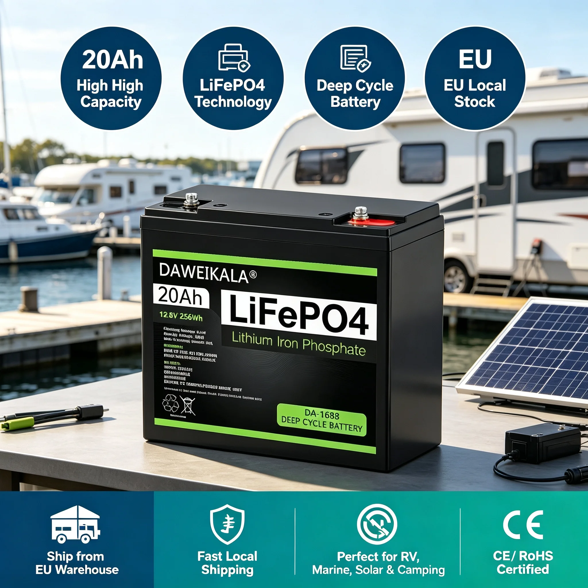 12V 20Ah LiFePO4 Lithium-Eisenphosphat-Akku mit hoher Zyklenfestigkeit, 256Wh wiederaufladbarer Speicherakku für Wohnmobile, Boote, Solaranlagen und Outdoor-Camping, Versand aus EU-Lager, eingebauter