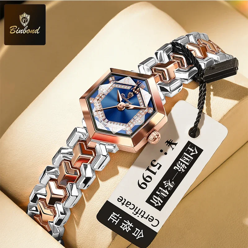 

BINBOND модные элегантные женские кварцевые часы с зеркалом в виде ромба, водонепроницаемые наручные часы со светящимся бриллиантовым циферблатом, оригинальные женские часы