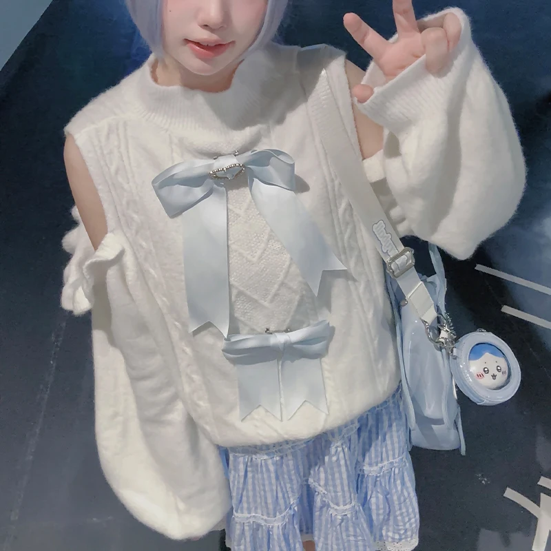 Original Mine japonais longs chandails automne et hiver filles mignon doux arc court pull femme hors-la-épaule pulls