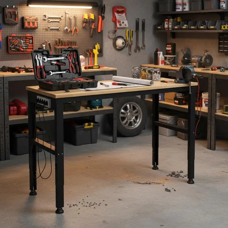 

Versatile Workstation 48 x 20-inch For Office Garage Workshop, 2000 lbs Capacity Power Outlets Height Adjustable Steel Frame Wood Top
