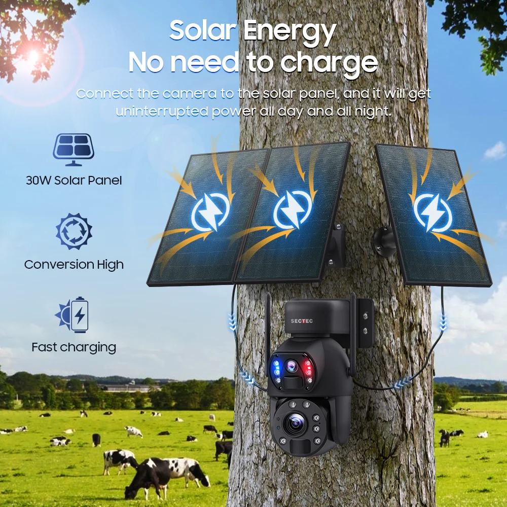 6MP 30W Solar Battery 20x zoom Red Blue Alarm Floodlight PTZ Camera Wifi Outdoor Surveillance Solar Powered Cameras Night Vision