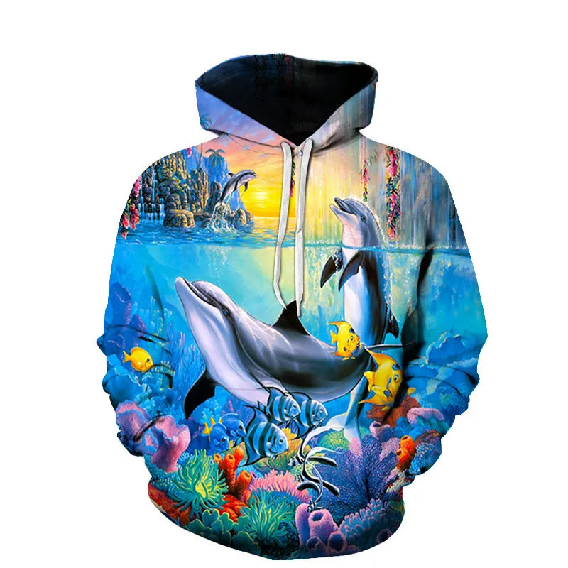 أسلوب الربيع والخريف؛ سويت شيرت بقلنسوة فضفاض بقلنسوة من مارين دولفين ثلاثي الأبعاد بنمط الطباعة الرقمية