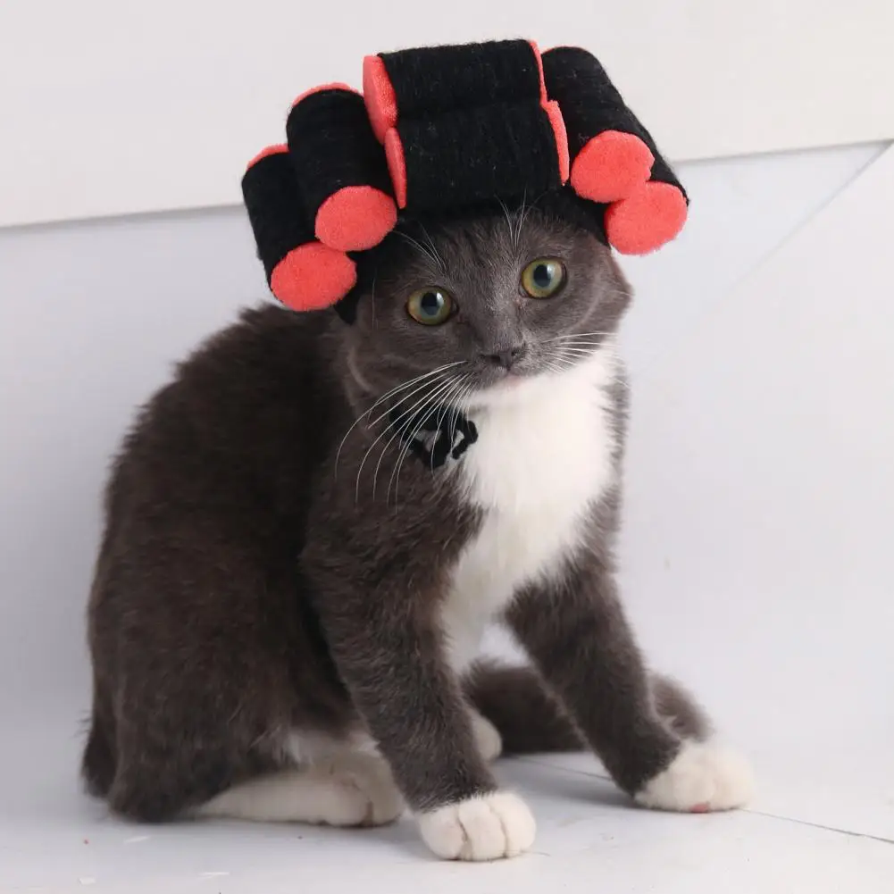 Pet Cosplay Hat Adorable Cat Party Cosplay Headdress with Funny Pet Hat Wig Hair Rollers Elastic Knitted Lace-up Strap for Dogs