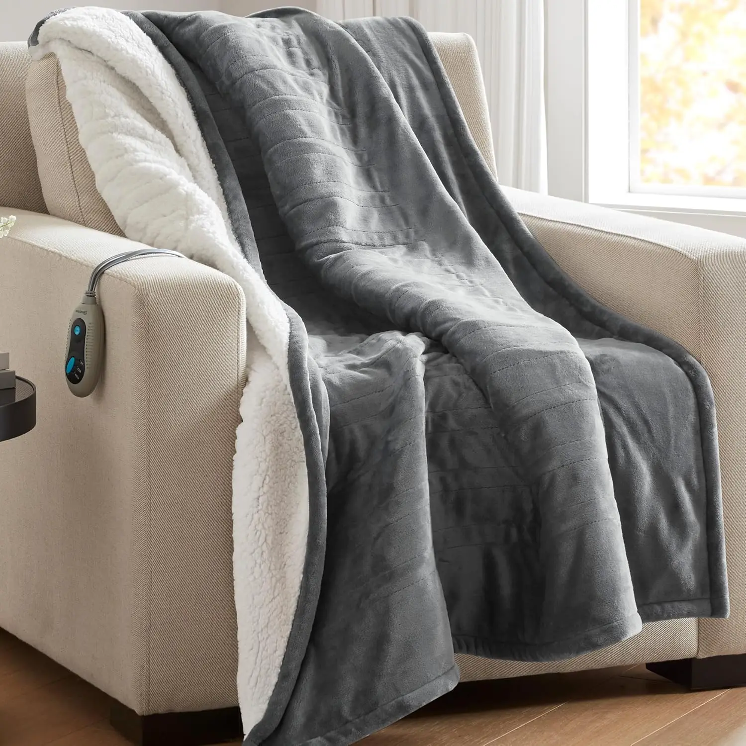 Warm, Reversible Plush - Heating Blanket Throw for Office, 3 Heat Settings, 2 hr Auto Shut Off, Machine Washable, 50 x 60 Grey