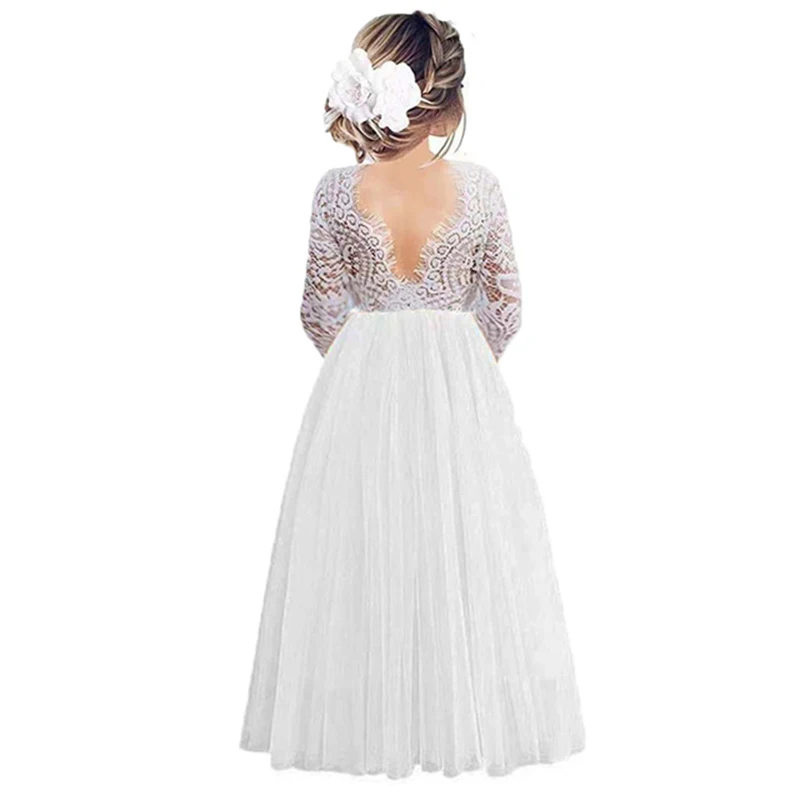 Long Sleeve Teenager Girls Lace Princess Dress Wedding Birthday Party Baby Kids Children Evening Dress for 2 4 6 8 10 12  14