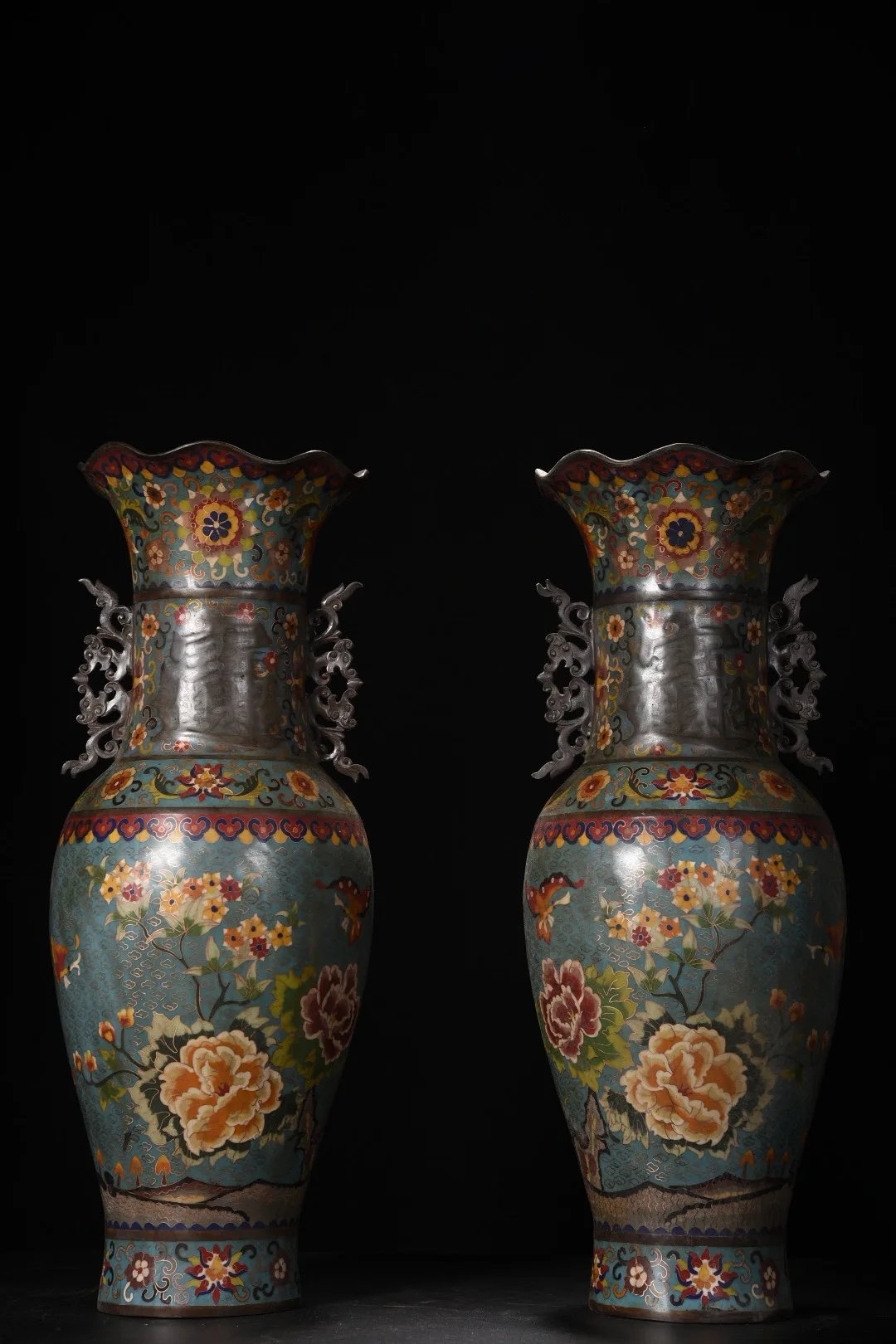

22"Tibetan Temple Collection Old Bronze Cloisonne Flower Blossoming Fortune Pattern Dragon Ear Large Mouth Vase Amass wealth