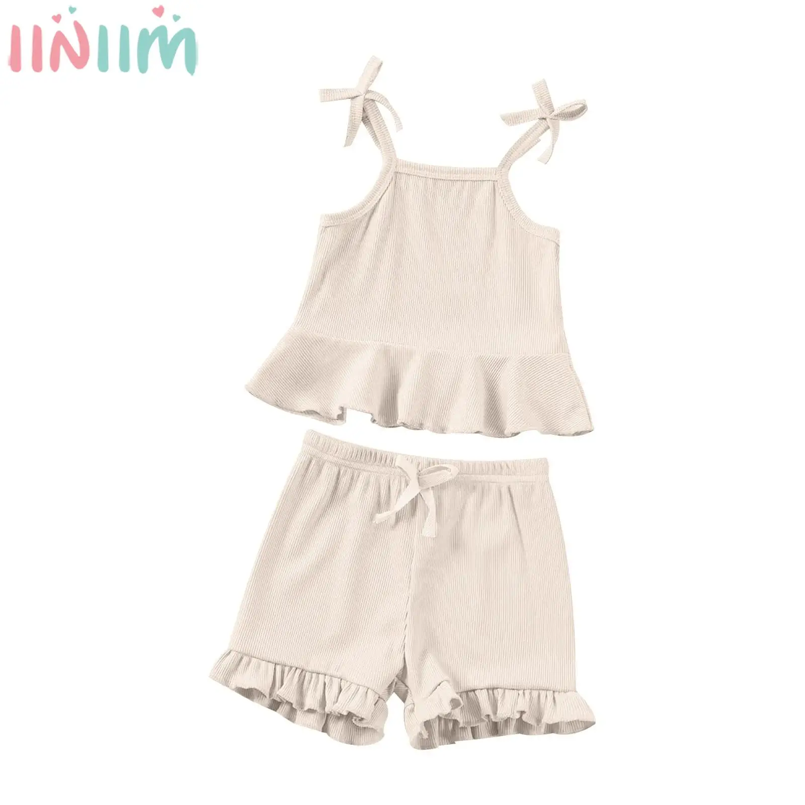 

Baby Girls Summer Casual Costume Set Bowknot Spaghetti Strap Ruffle Tops with Shorts for Daily Wear Beach Holiday Homewear