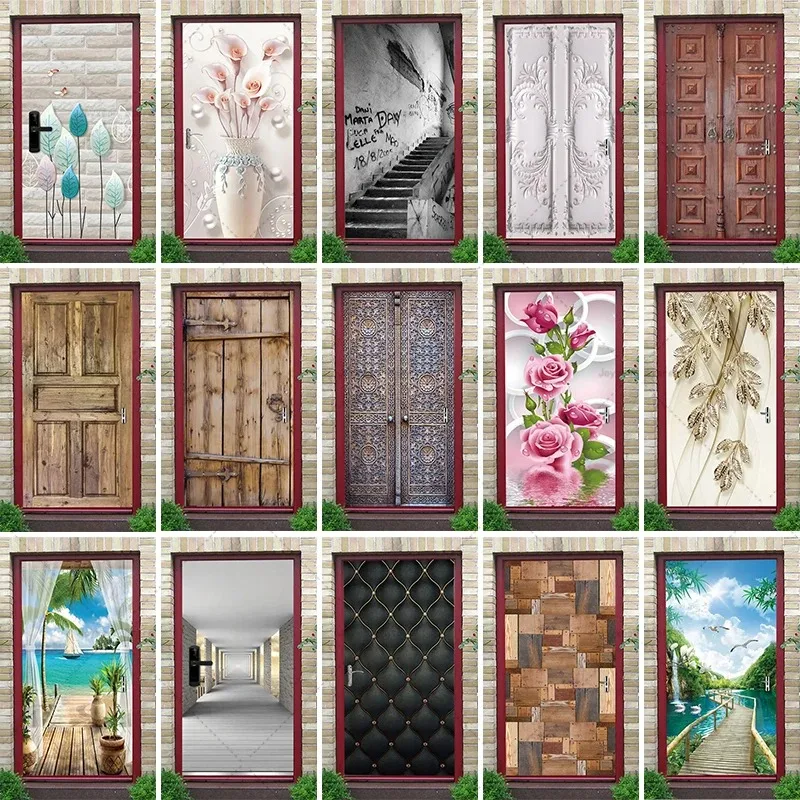 

Multi-Style Door Sticker Waterproof Self-Adhesive Rustic Wood Floral Rose Tropical Beach Wrap for Home Living Room Bedroom Decor