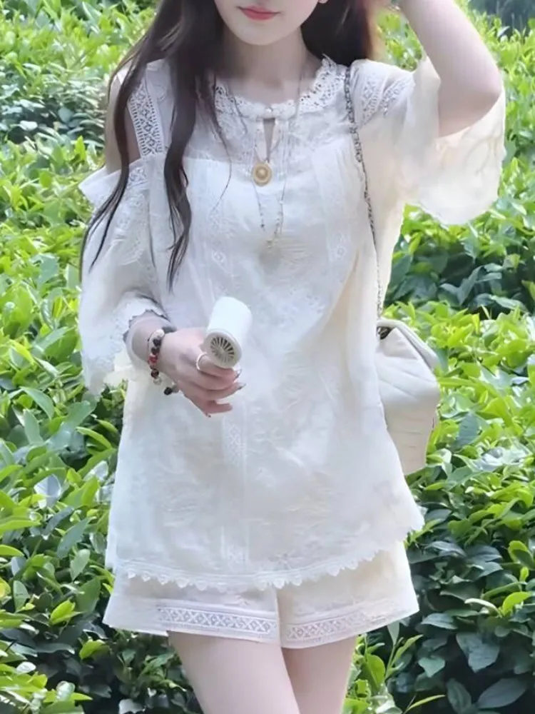 

New Chinese Style Lace Top Shorts Two-Piece Set Breathable Comfortable Summer Fashion Women's Ensemble round Neck Short Sleeve