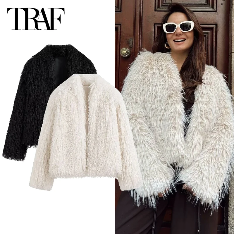 TRAF 2024 Women's Cropped Faux Fur Coat Large Size Warm Winter Short Jacket Elegant Long Sleeve Plush Parkas New In Outerwears