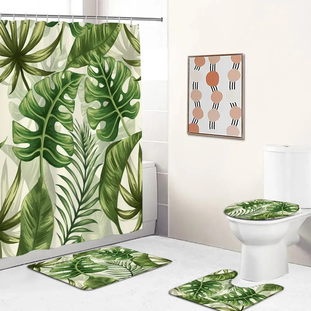 Abstract Green Leaves Bath Curtain Set Leaf Nordic Minimalist Plants Greenery Bathroom Decor Modern Bath Curtains with Hooks