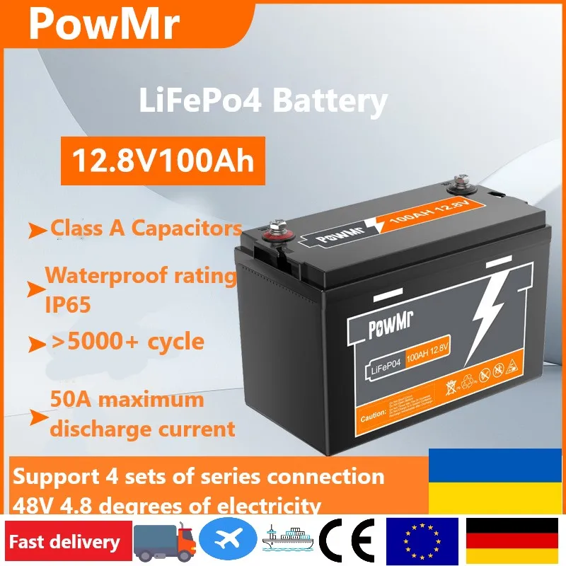 PowMr LiFePO4 12.8V 100AH Lithium Battery BMS 4 Parallel Series Lead-acid Energy Storage Battery For RV Boat Yacht Home Battery