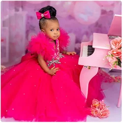 New Flower Girl Dresses baptism Crystals Beaded Tulle Tiered Dress for Wedding First Birthday Party Communion Gowns