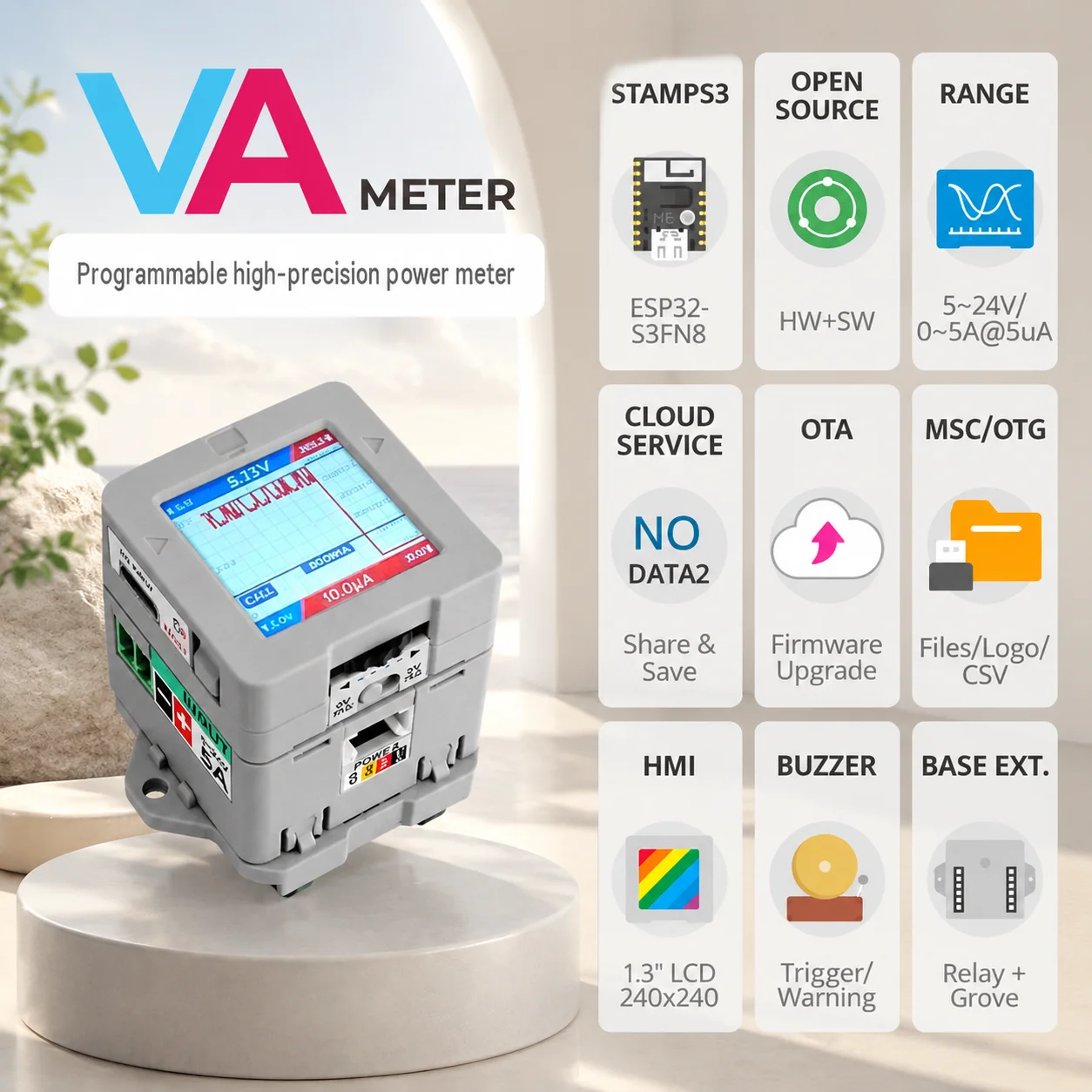 M5Stack VAMeter ESP32-S3 High Precision Voltage Amperage Power Meter 2.5uA Resolution 5-24V INA226 WiFi Isolation Open Source