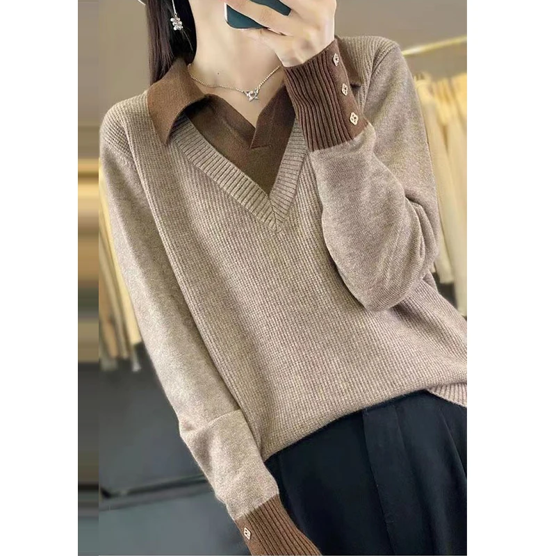 Women\'s Clothing 2023 Autumn Winter Korean Fashion Patchwork Elegant Chic Knitwear Female Lapel Long Sleeve Loose Pullover Tops