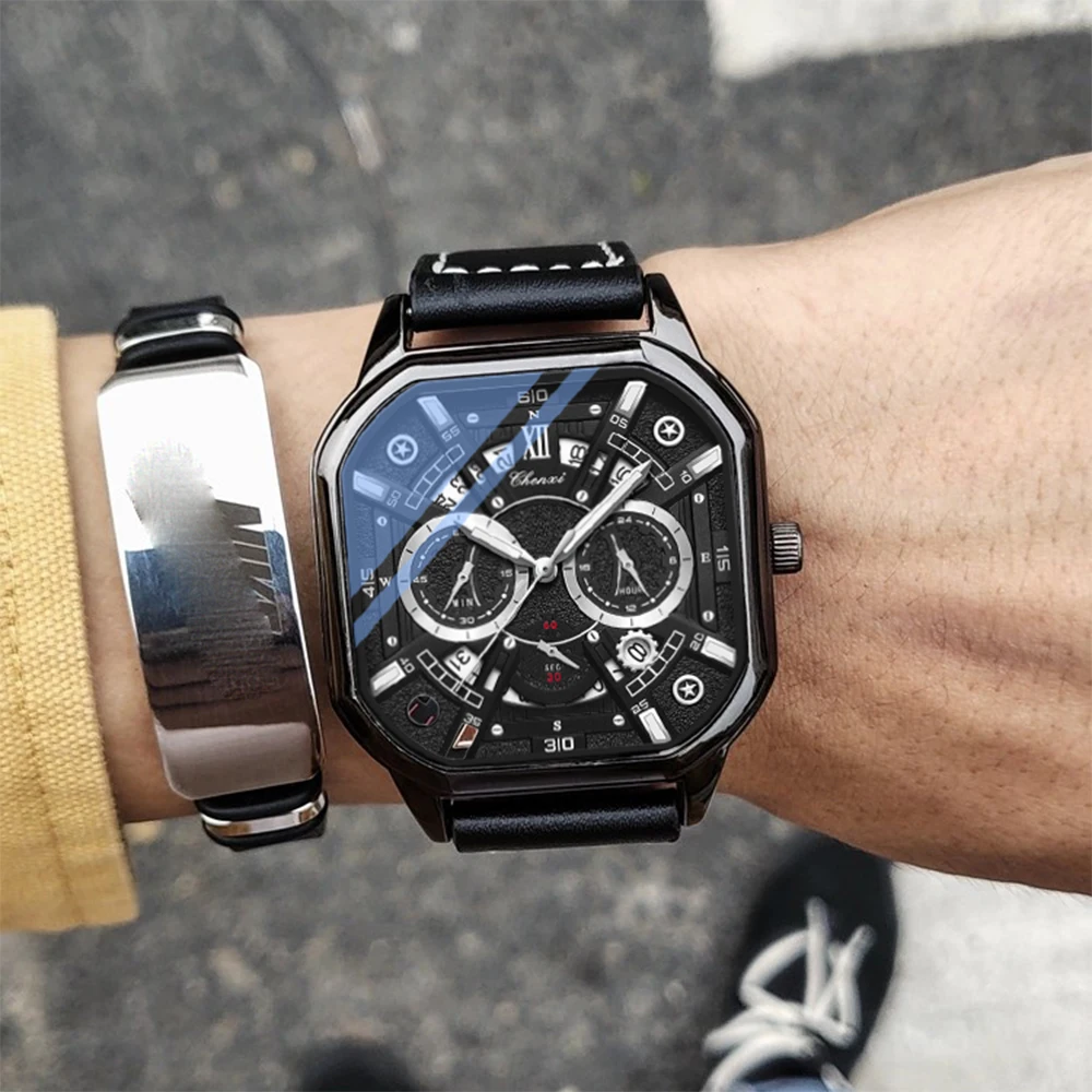 

Новинка 2025 года, винтажные квадратные мужские часы, модные роскошные нишевые водонепроницаемые хронографы, светящиеся механические кварцевые часы с большим циферблатом