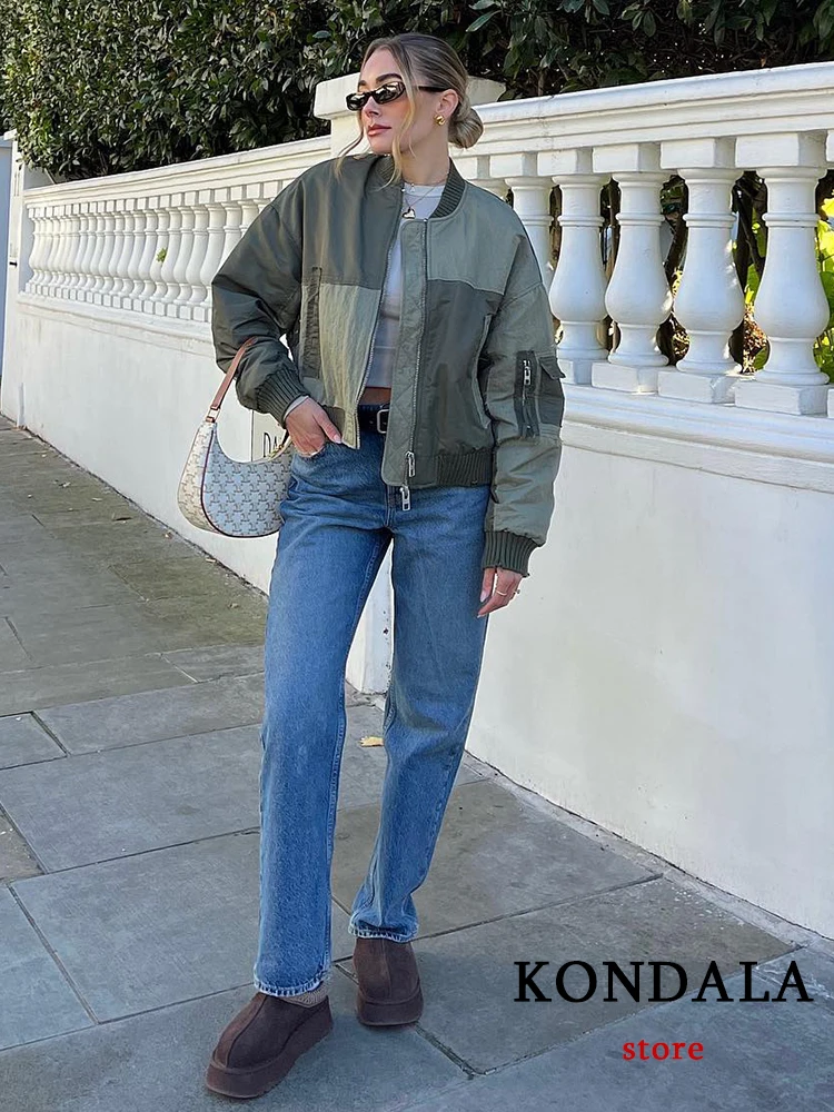 KONDALA Streetwear Armygreen Bomber Jackets Women Patchwork Zipper Pockets Oversized Jackets Fashion 2023 Autumn Winter Coats