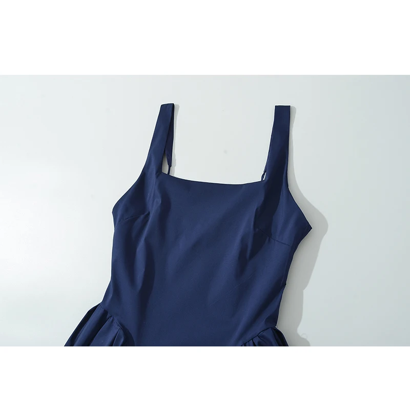 YENKYE Women Sexy Elegant Navy Blue Tank Dress Square Neck Low Waist A-line Midi Evening Party Dresses Summer Robe 2025