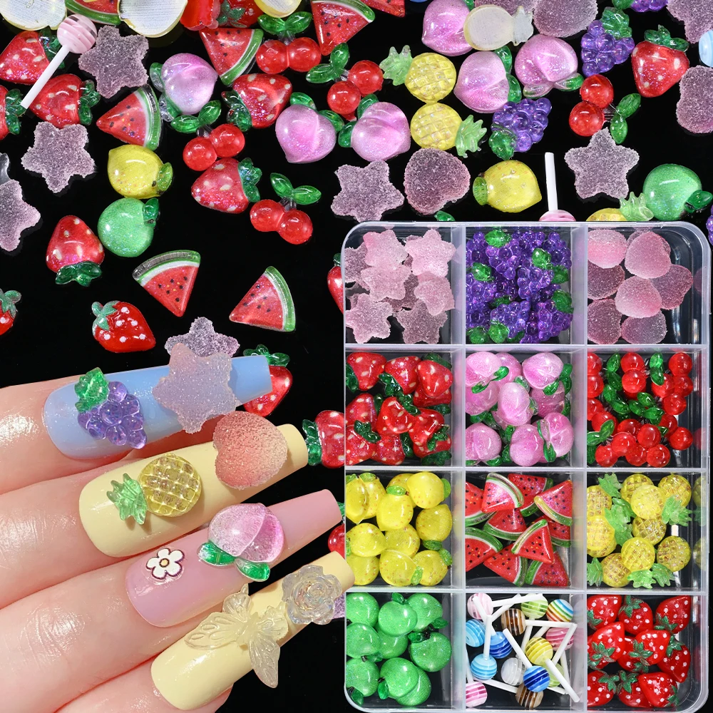 Strass pour ongles en forme de Fruits, 12 grilles, résine 3D, fraise, cerise, raisin, pastèque, breloque, Fruits Kawaii, fournitures pour Nail Art