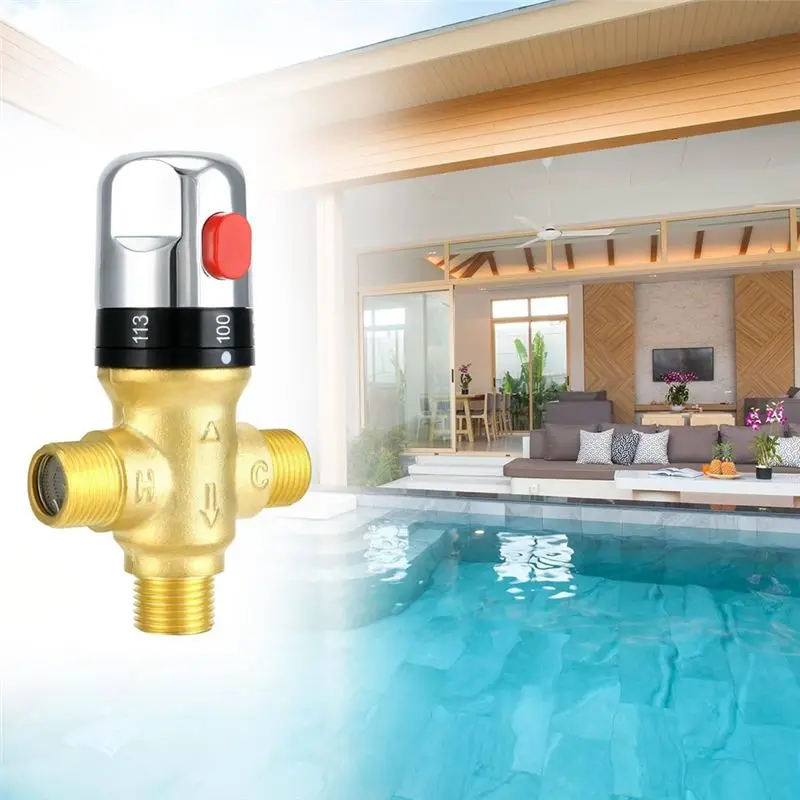 B52C Thermostatic Mixing Valve, Solid Brass Pipe Water Valve With Temperature Control - 1/2 NPT - Includes 3 Adapters,