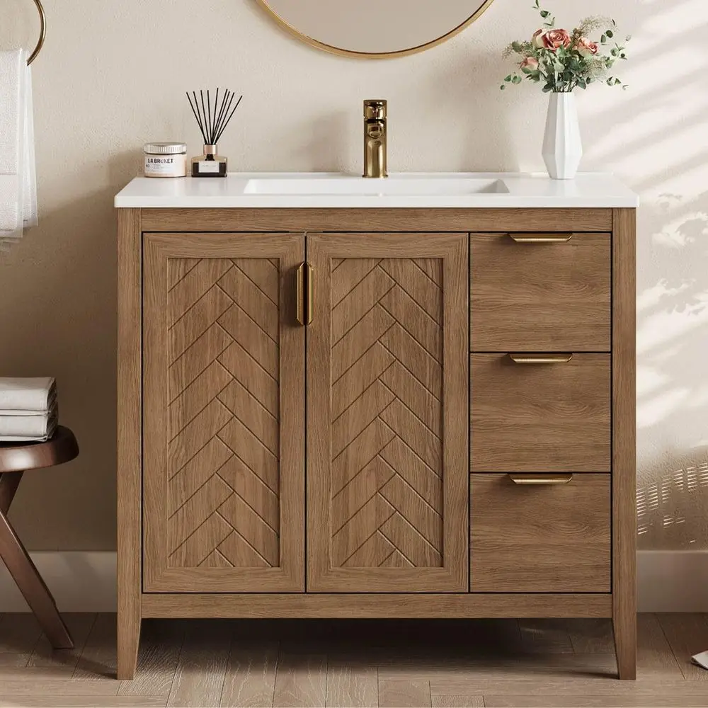 

Inch Bathroom Vanity with Sink, Modern Brown Bathroom Storage Cabinet with 2 Soft Close Doors amp 3 Fully Extendable Drawers, F