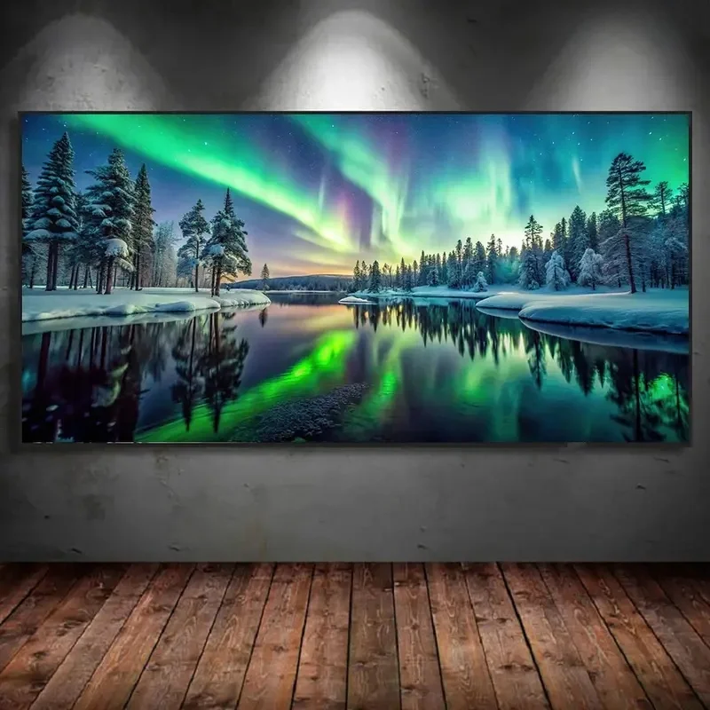 

Snow Lake Reflection,Green Northern Lights,Pine Trees Diy Diamond Painting Full Square Round Diamond Mosaic Jewelry Cross Stitch