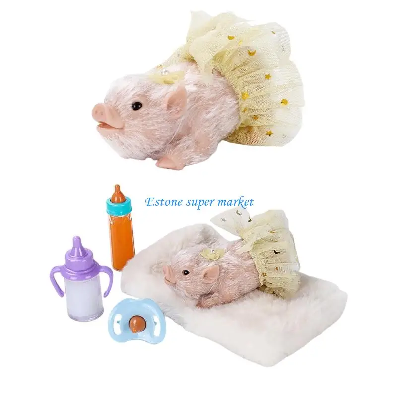 

090B Silicones Pig Doll With Yellow Dress And Feeding Accessories For Pretend Play Interactive Role Play Toy Stress Relief Fun